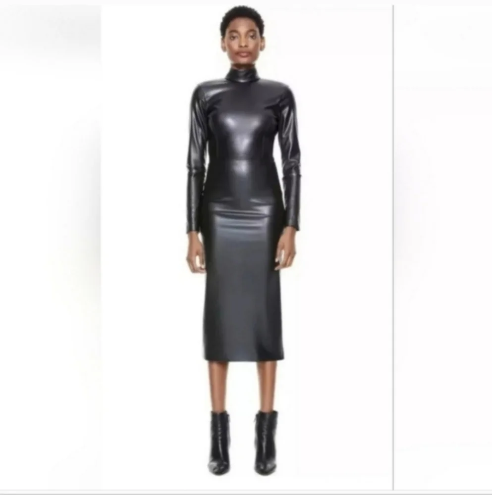 ALICE + OLIVIA DELORA VEGAN LEATHER MOCKNECK MIDI DRESS SIZE 4 - Picture 6 of 15